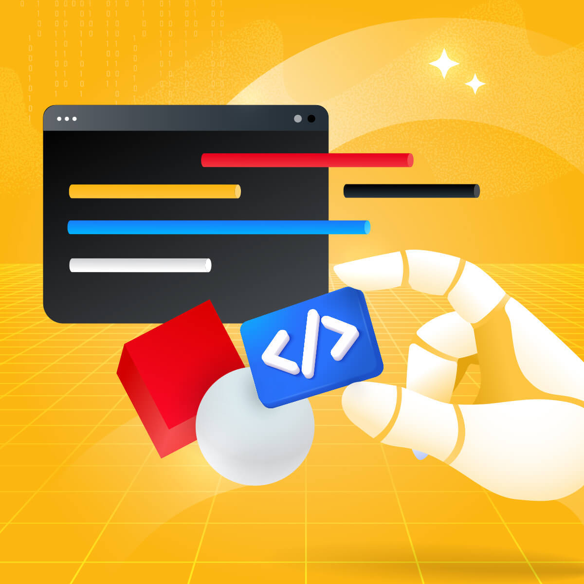 Illustration of a white robotic hand interacting with a code symbol, set against an abstract background of a dark programming window and geometric shapes.