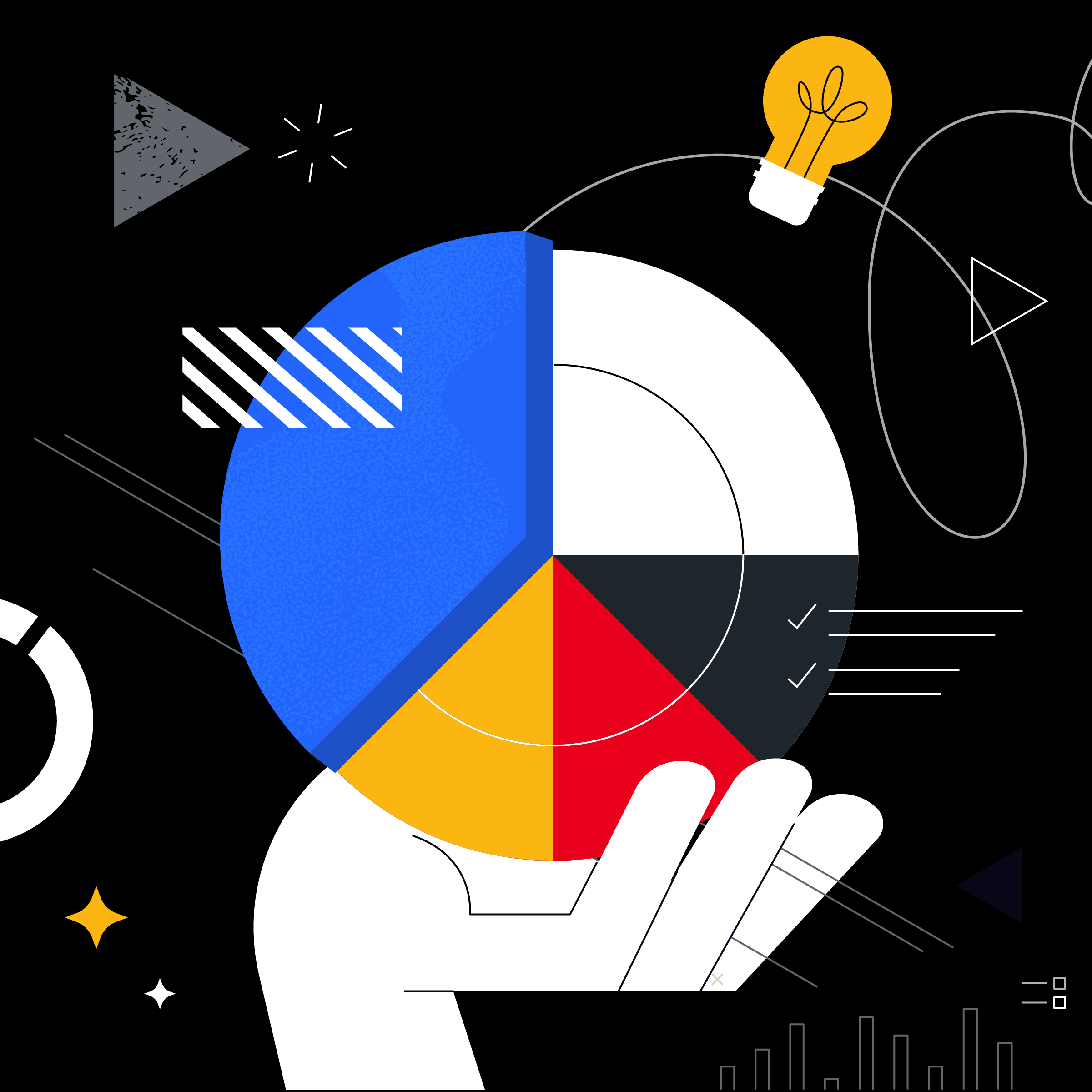 illustration of hand holding pie chart surrounded by graphic elements
