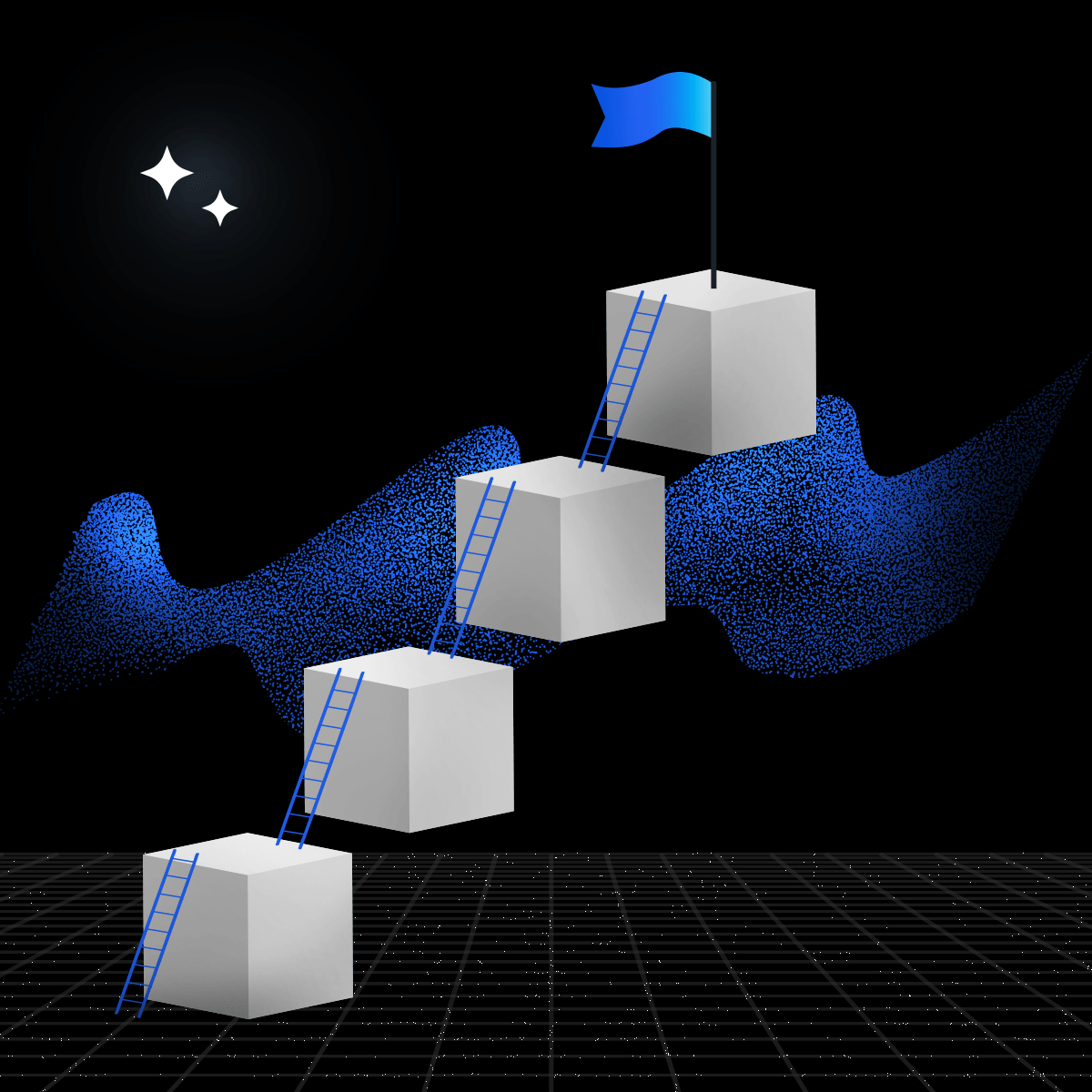4 blue ladders scaling 4 gray blocks leading to a blue flagpole on an abstract black background