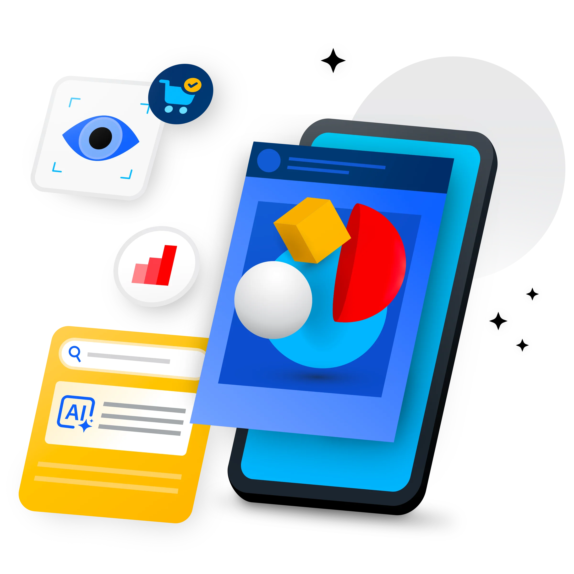 Illustration of a mobile phone with UI layered on top displaying AI search results and social media along with an eye icon and shopping icon.